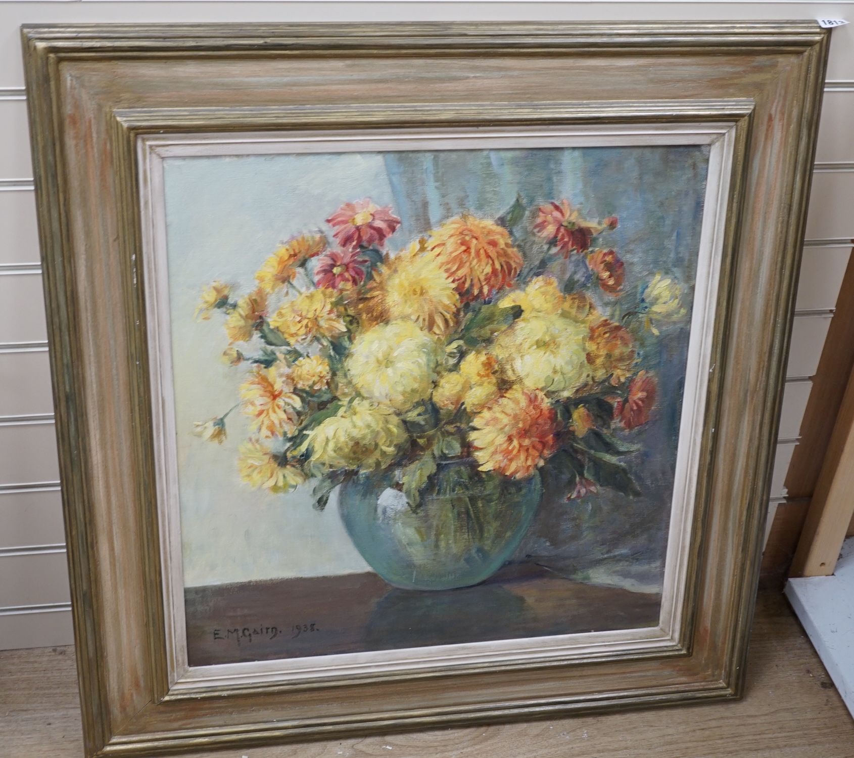 E.M. Gairn, oil on board, Still life of flowers in a vase, signed and dated 1938, 61 x 57cm. Condition - good, some very minor scuffs